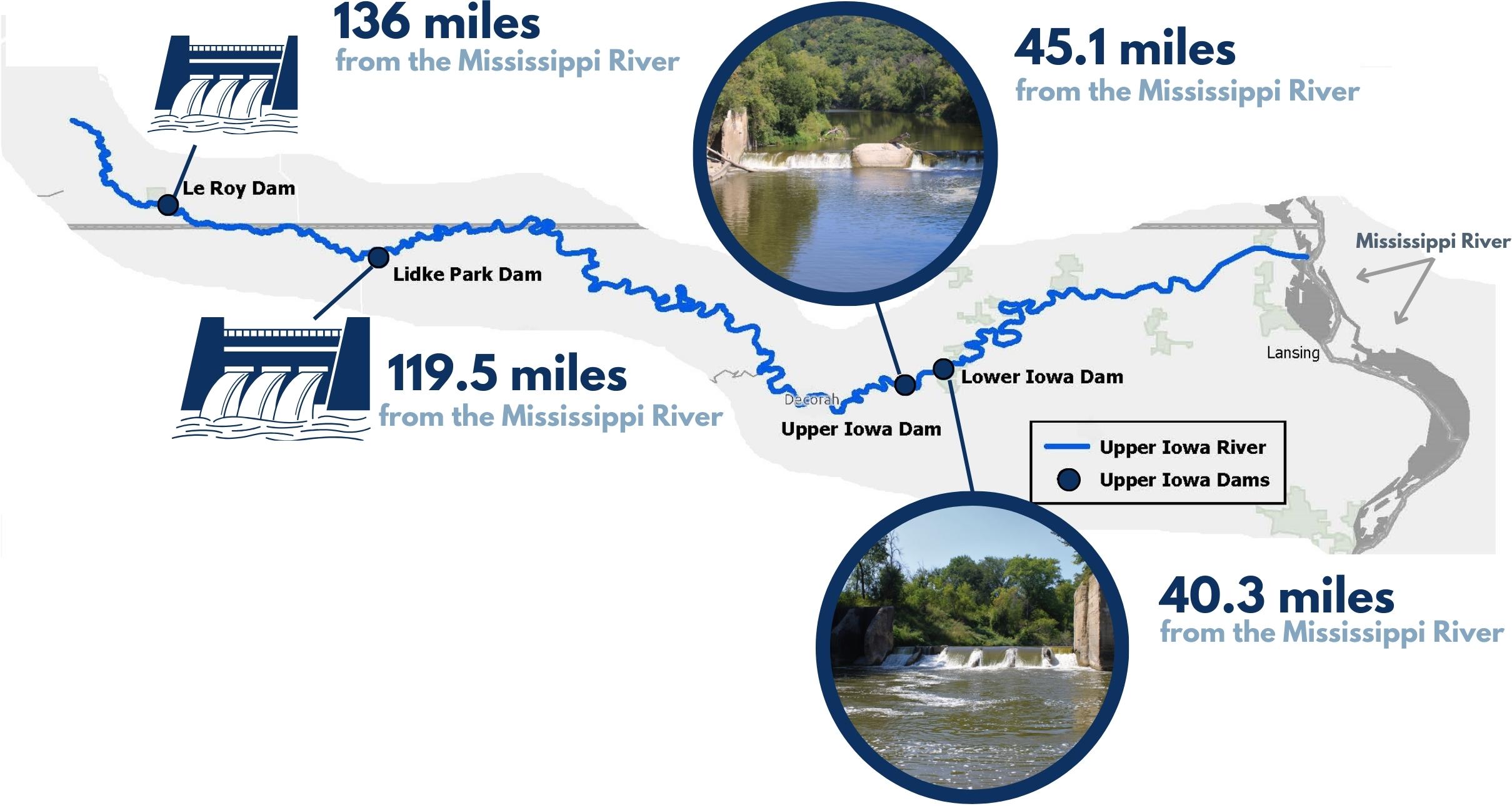 Map of dams on the Upper Iowa River FWS.gov